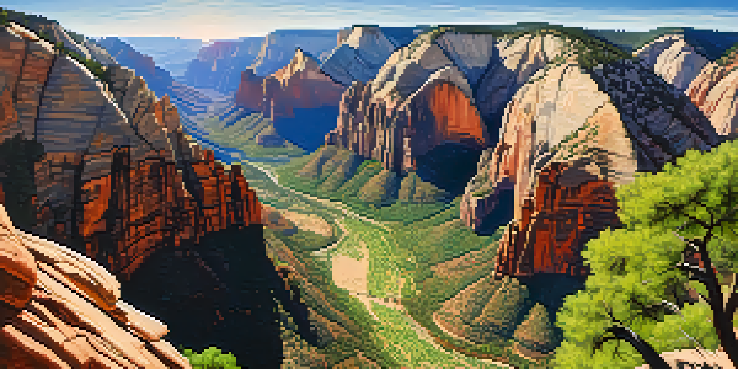 A breathtaking panoramic view of Zion National Park from Angels Landing, featuring steep sandstone cliffs and a clear blue sky with hikers on the trail.