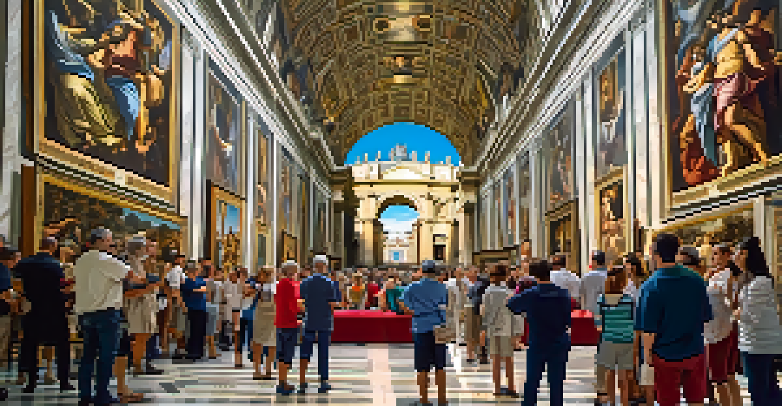 Visitors on a guided tour in the Vatican Museums, gathered around the Sistine Chapel with a guide explaining the artwork.