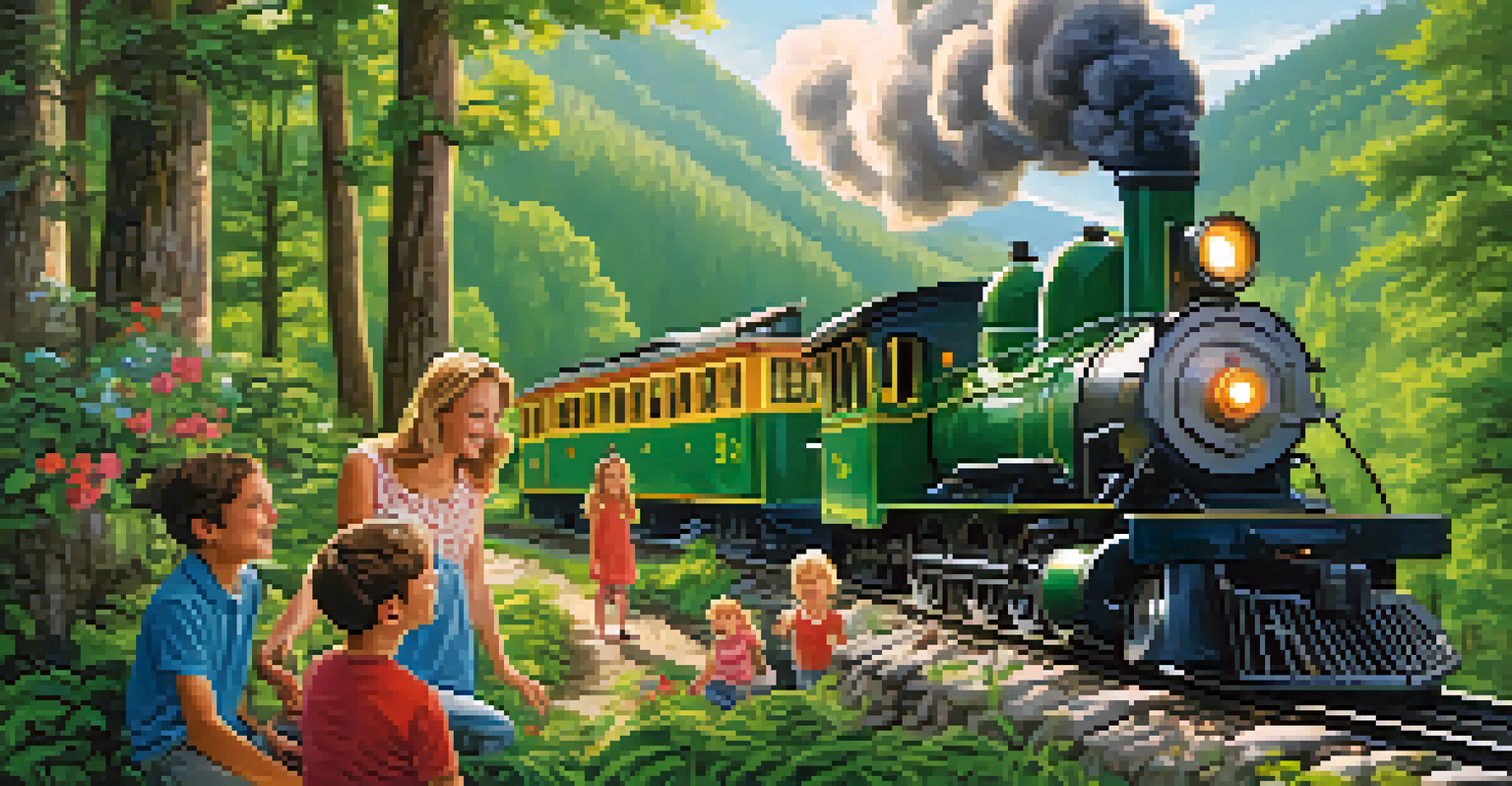 A family on a train ride in the Smoky Mountains with children engaged in storytelling activities amidst lush greenery.