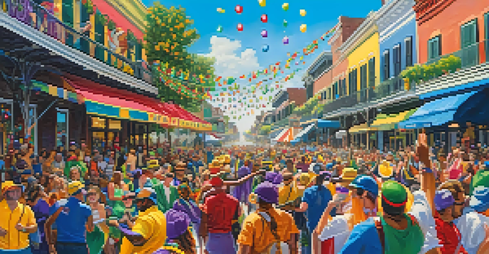 A lively Mardi Gras parade in New Orleans with colorful floats, people in vibrant costumes, and confetti in the air.