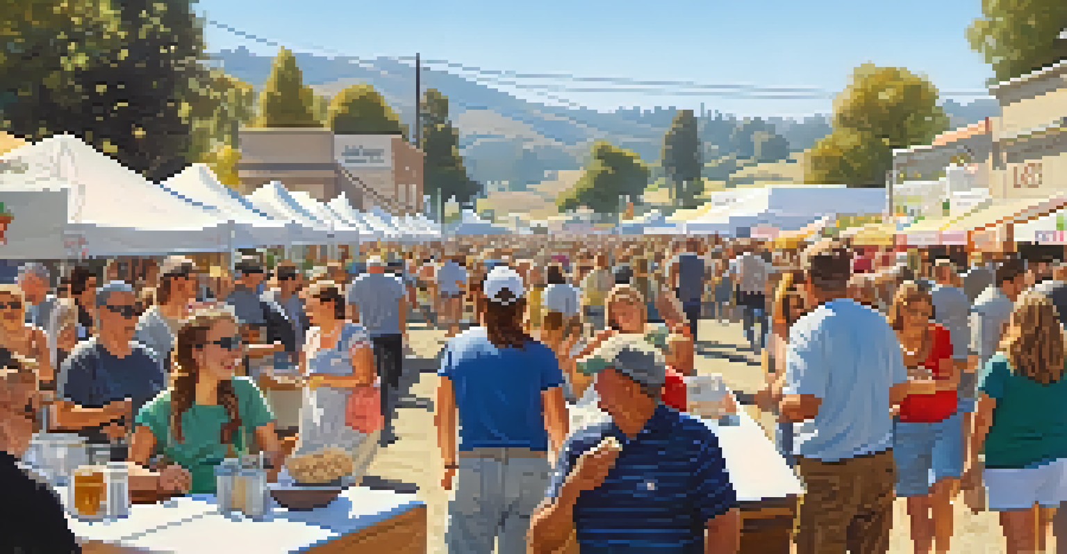 A vibrant scene from the Gilroy Garlic Festival featuring garlic dishes and families enjoying cooking demonstrations under the sun.