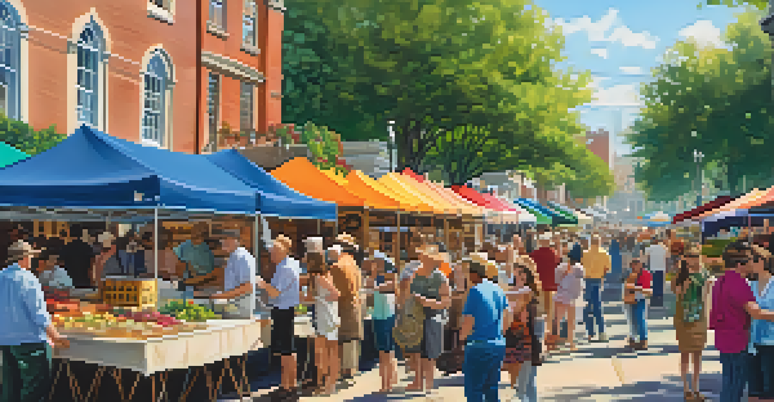 An outdoor market featuring local artists in a historic district, with colorful stalls and historic buildings in the background, all under bright sunlight.