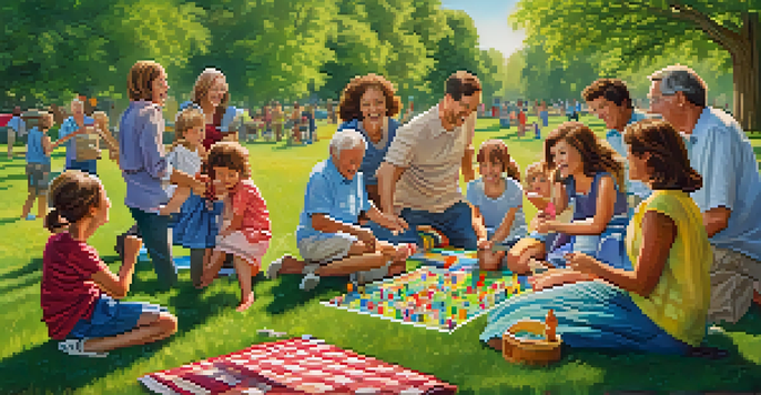 A vibrant gathering of family members playing an icebreaker game in a sunny park, showcasing laughter and smiles.