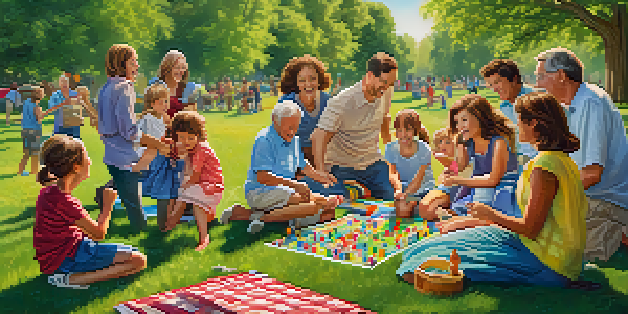 A vibrant gathering of family members playing an icebreaker game in a sunny park, showcasing laughter and smiles.