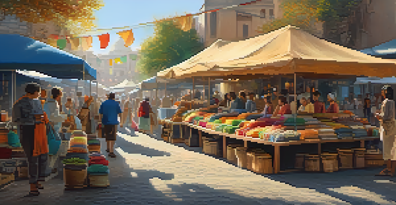A colorful artisan market with local crafts and vendors interacting with customers under a shaded canopy.