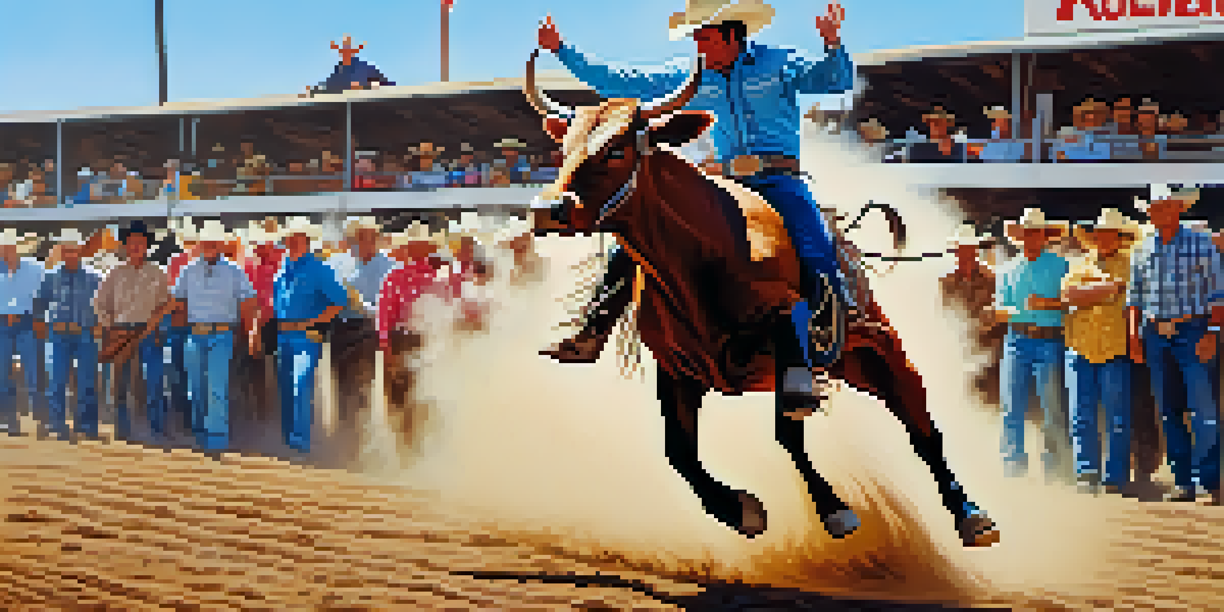 A bull rider in action at a rodeo, with a cheering crowd and a blue sky in the background.
