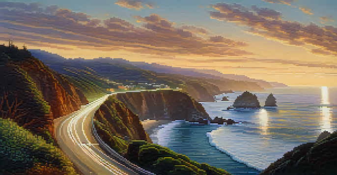 A beautiful sunset view of the Pacific Coast Highway, featuring crashing waves and rocky cliffs.