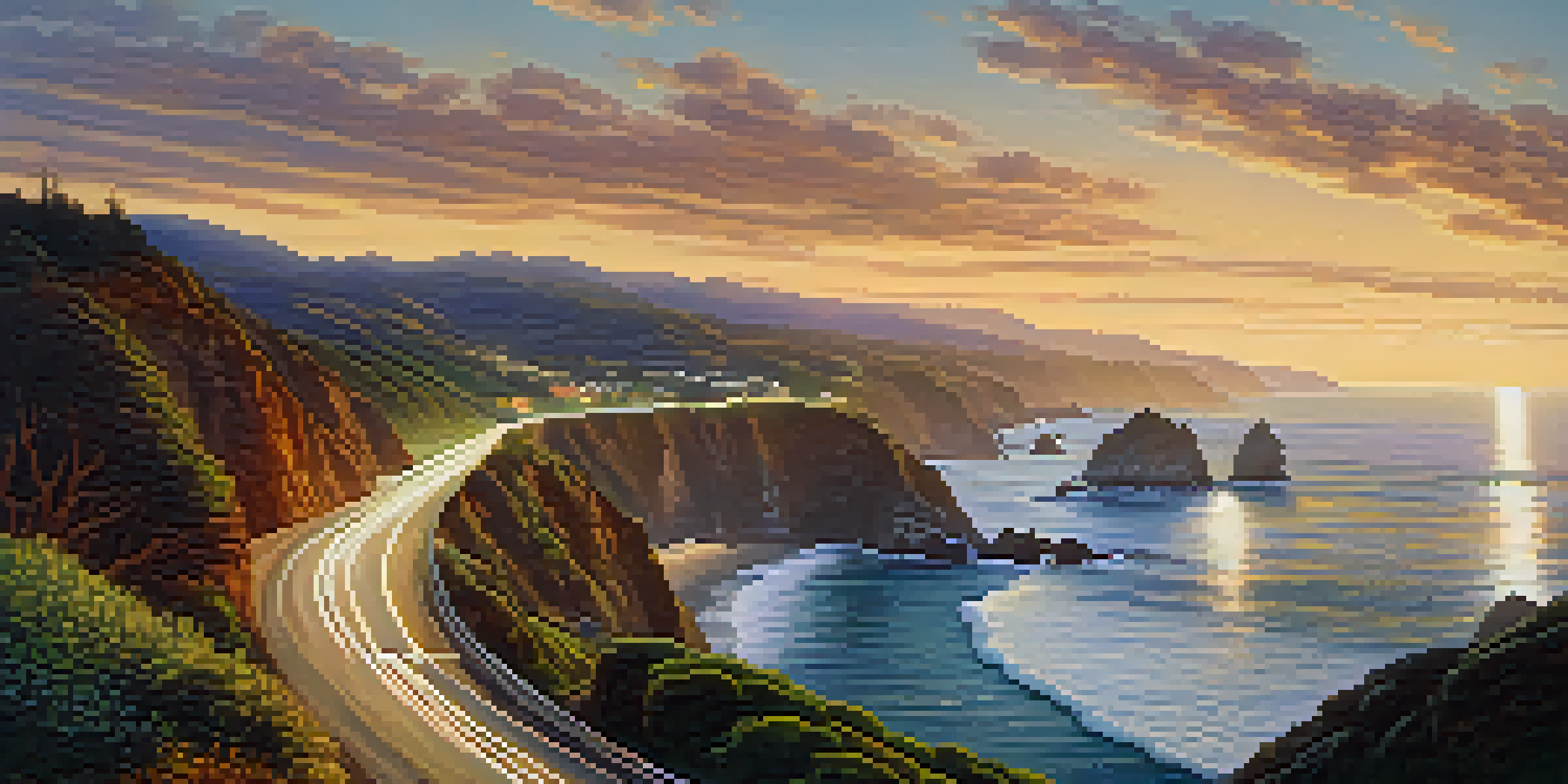 A beautiful sunset view of the Pacific Coast Highway, featuring crashing waves and rocky cliffs.
