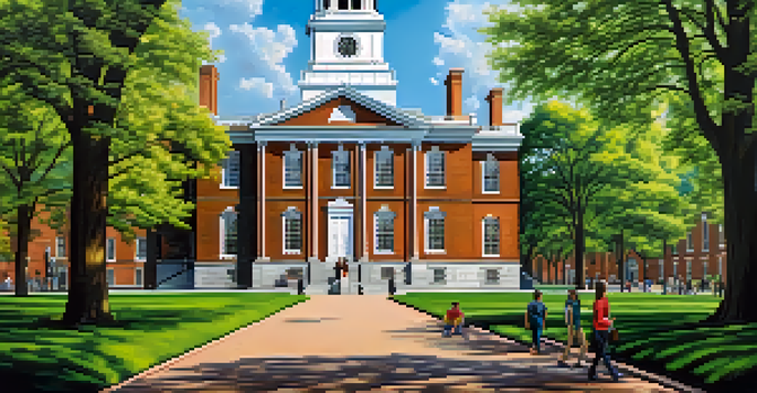 A picturesque view of Independence Hall with blue skies and green trees, depicting the historical significance of the site.