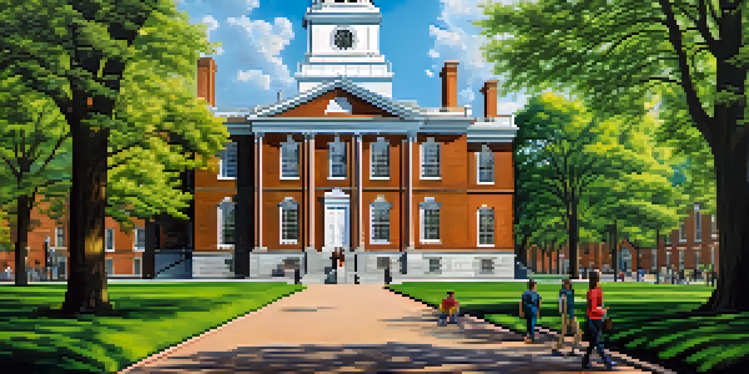 A picturesque view of Independence Hall with blue skies and green trees, depicting the historical significance of the site.