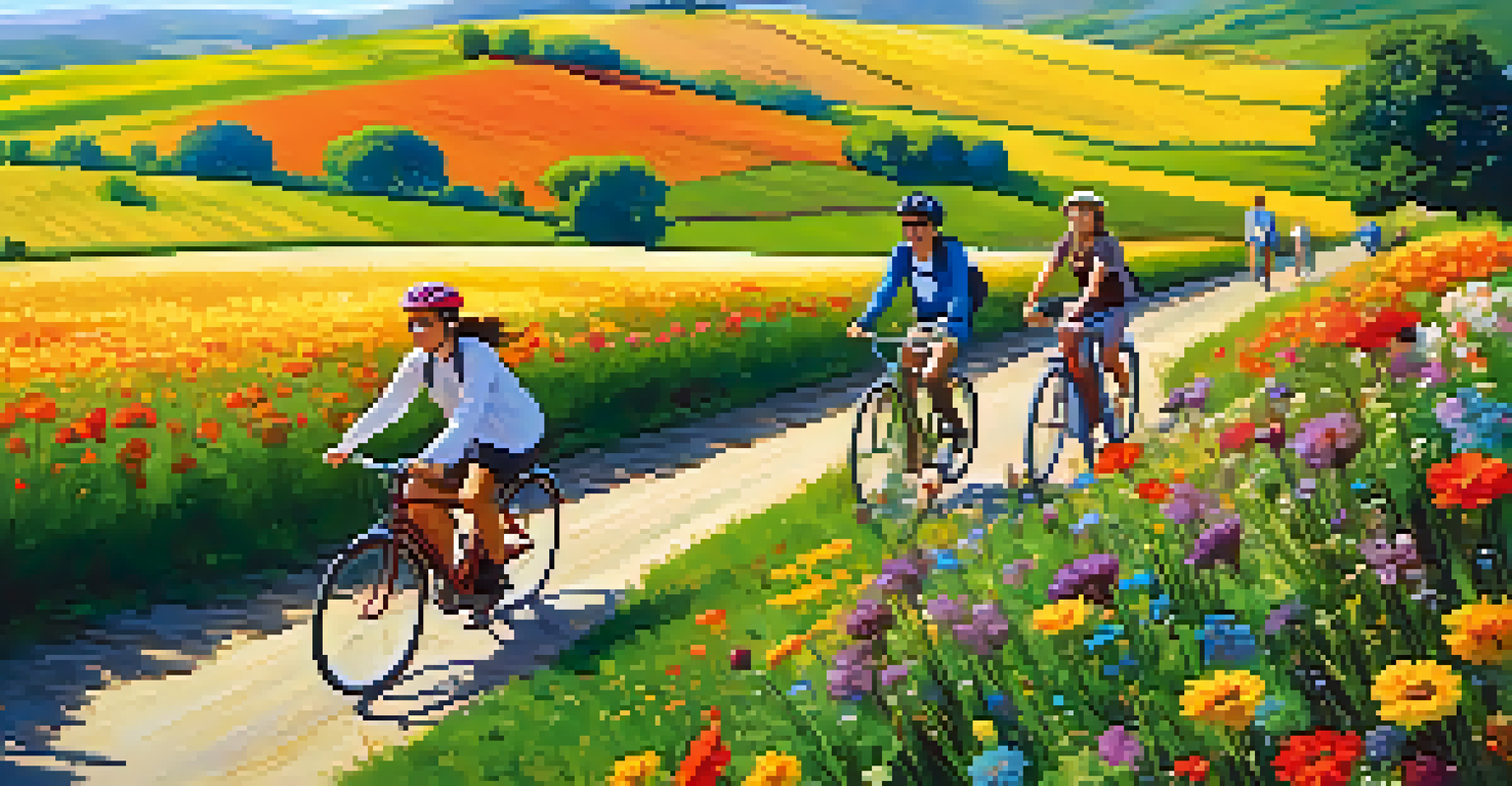 Travelers on bicycles enjoying a vibrant countryside with hills and flowers under a blue sky.