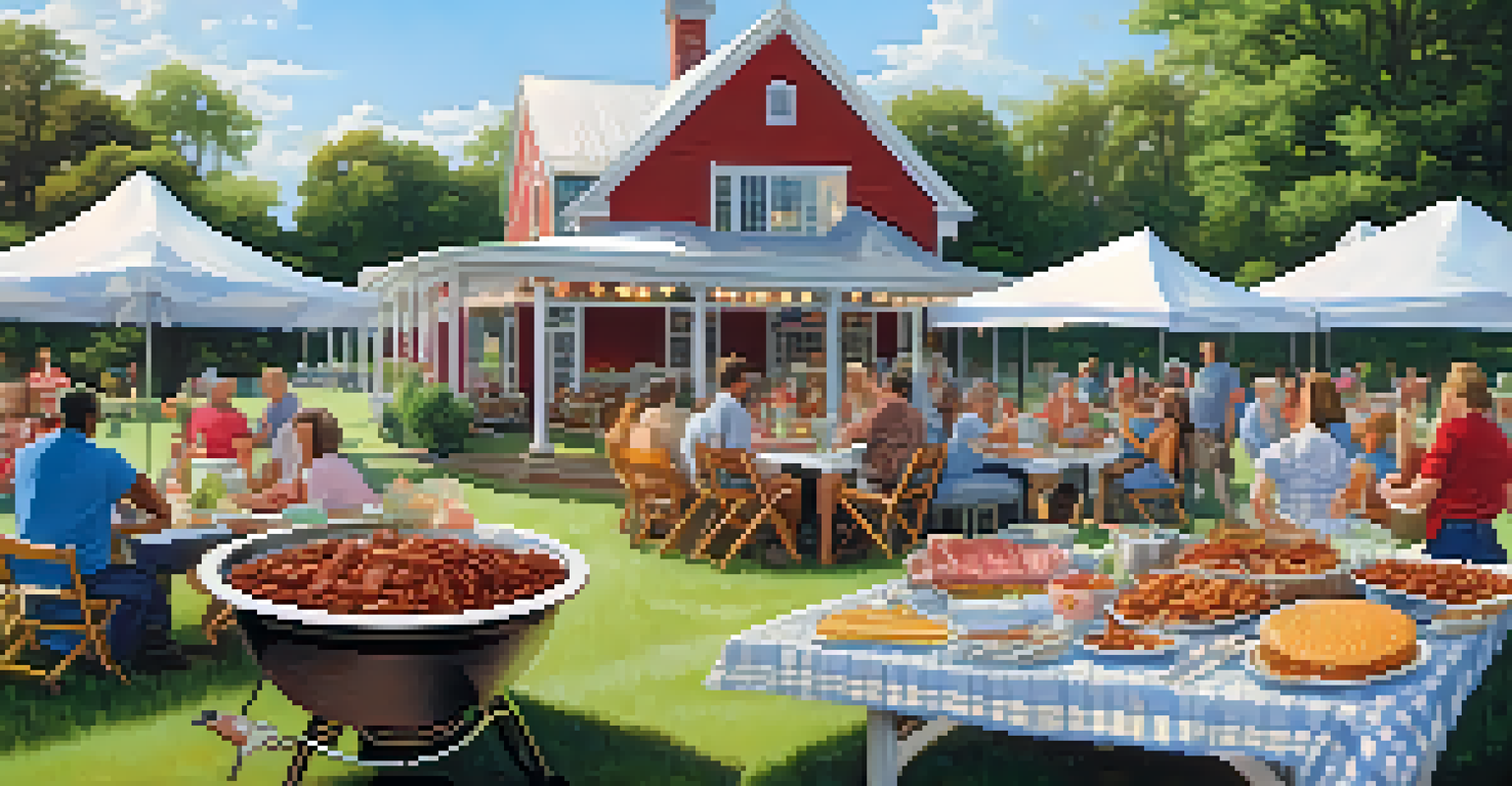 An outdoor BBQ gathering featuring a picnic table with pulled pork, ribs, sides, and decorations, evoking a festive atmosphere.
