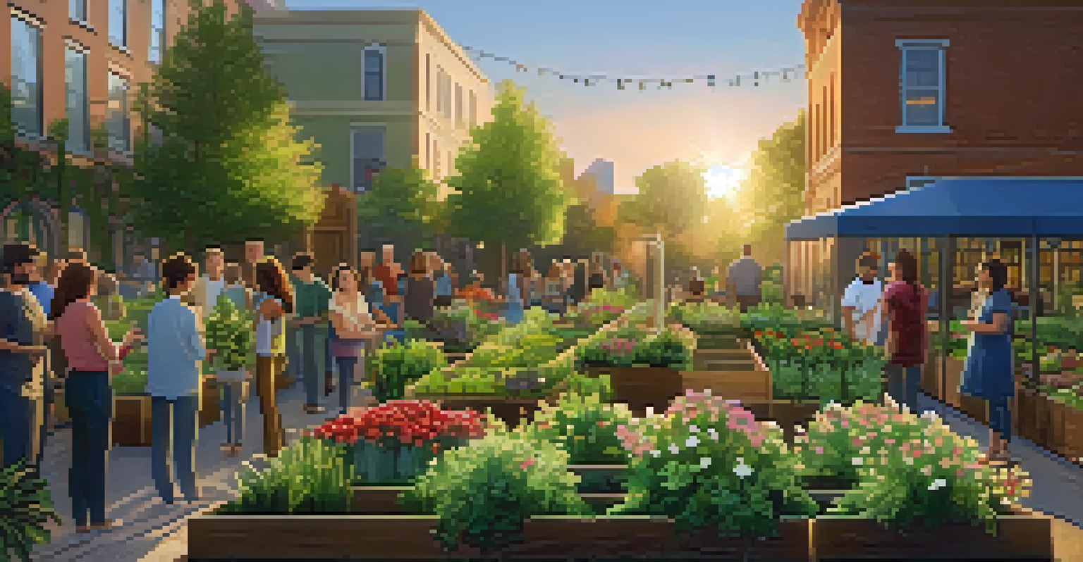 A peaceful community garden with raised beds and vertical gardens, filled with flowers and vegetables, during a workshop at sunset.