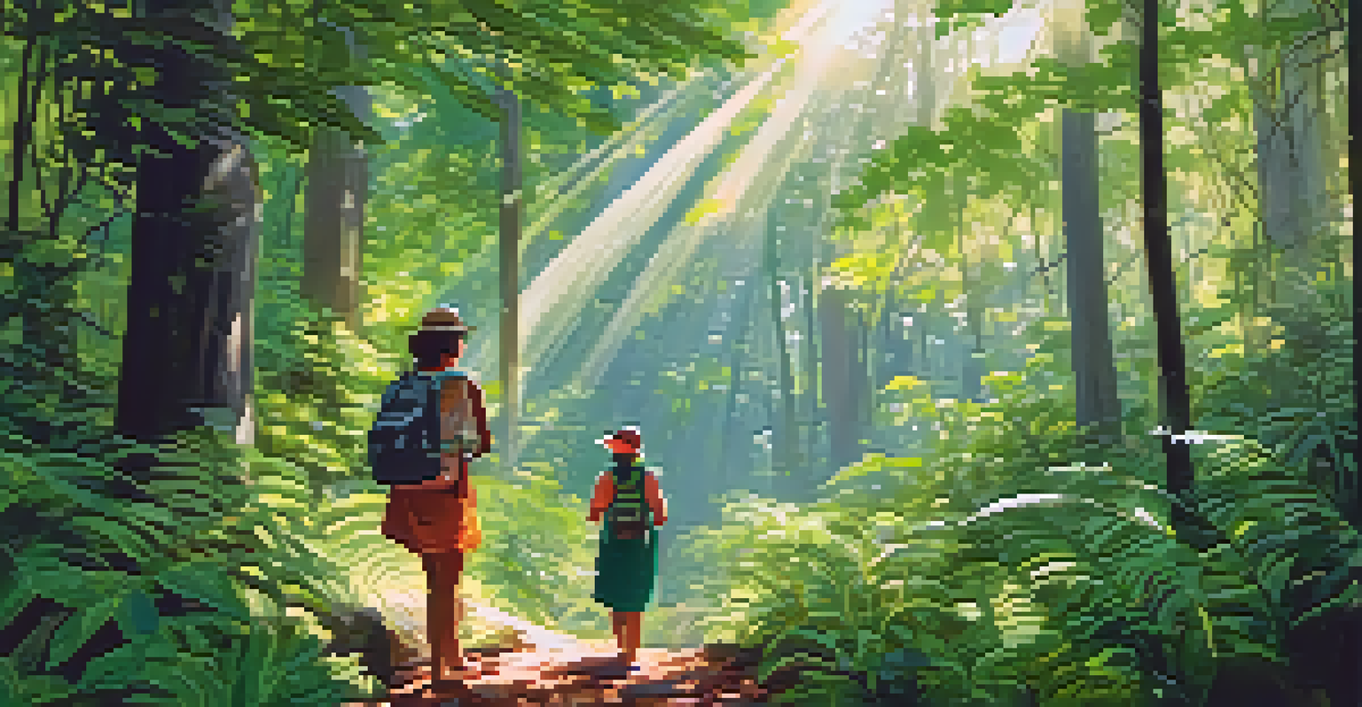 A local guide leads tourists through a lush forest, pointing out plants and wildlife under dappled sunlight.