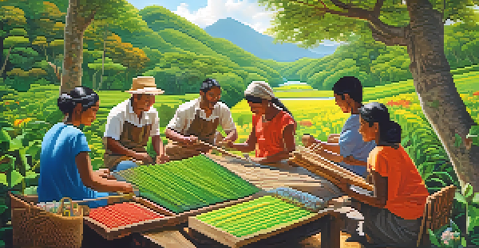 A picturesque scene of local artisans creating crafts in a lush green environment, with a national park and wildlife in the background.