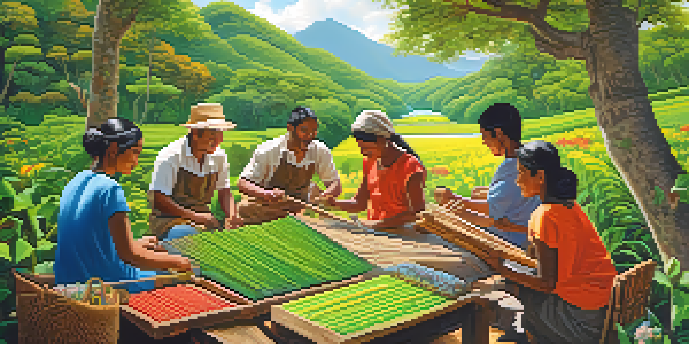 A picturesque scene of local artisans creating crafts in a lush green environment, with a national park and wildlife in the background.