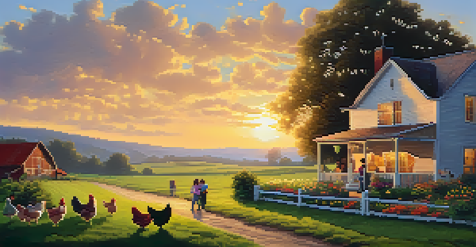 A warm farmhouse with children feeding chickens in a green field during sunset.