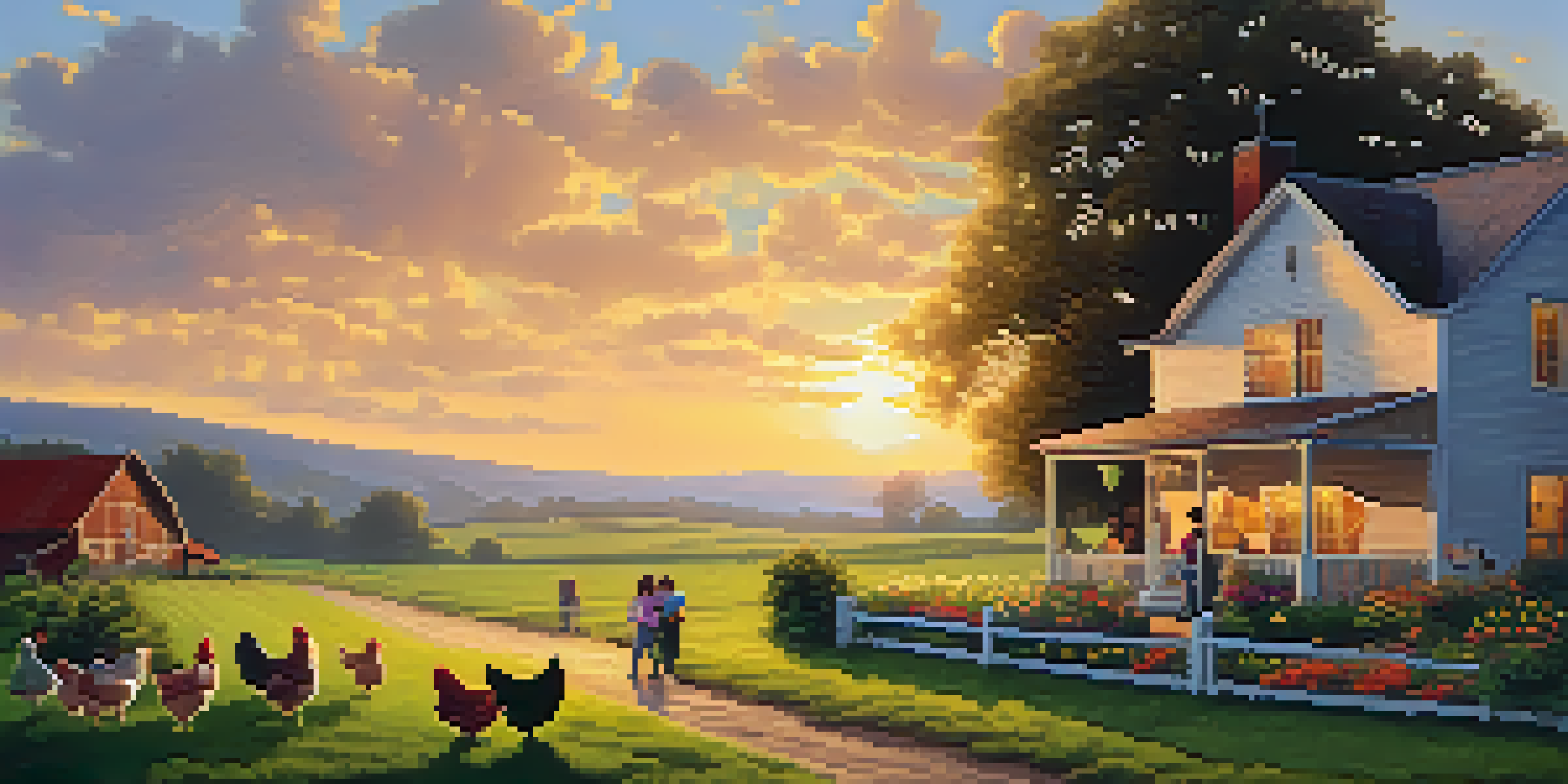 A warm farmhouse with children feeding chickens in a green field during sunset.