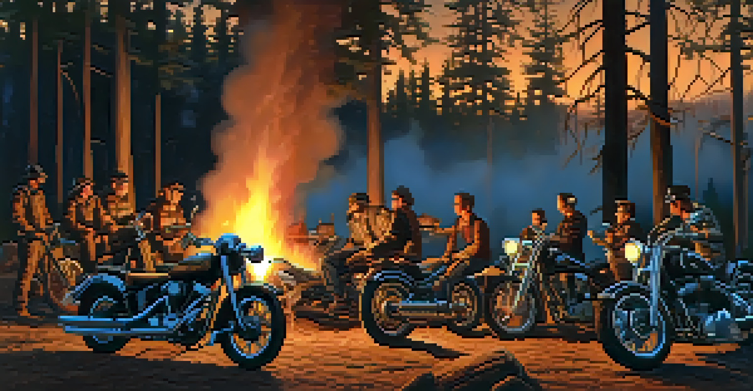 A group of motorcyclists sitting around a campfire at night, surrounded by trees and a starlit sky.
