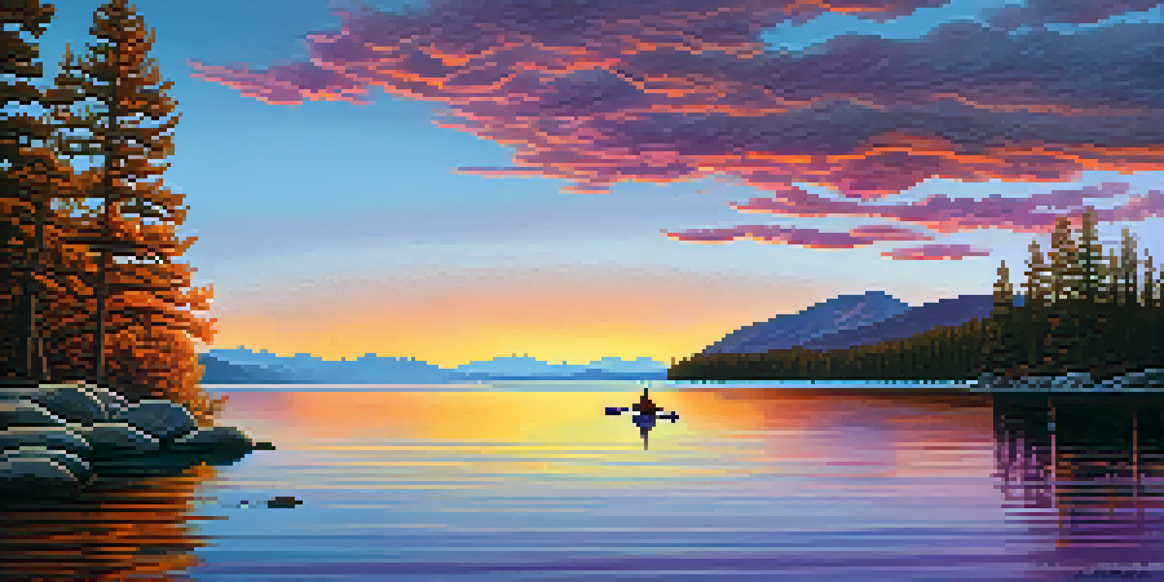 A kayaker paddling on a calm Lake Tahoe at sunset, surrounded by colorful autumn trees and mountains.
