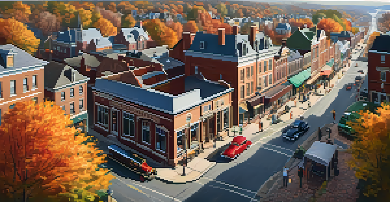 Aerial view of a quaint town with historic buildings and a vibrant marketplace, featuring railway tracks and autumn trees.