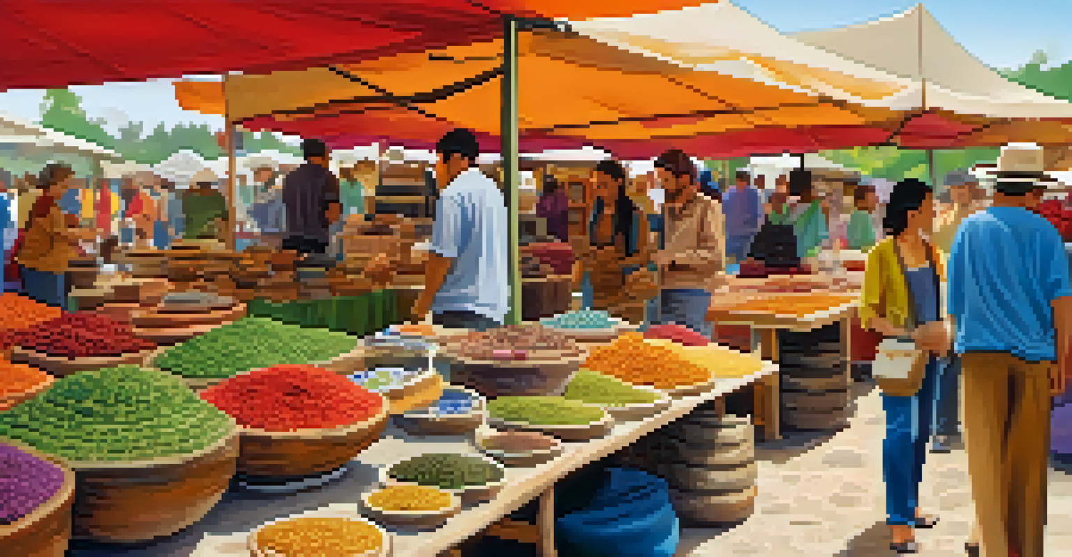 Local artisans showcasing handmade goods at a vibrant farmers' market with colorful stalls.