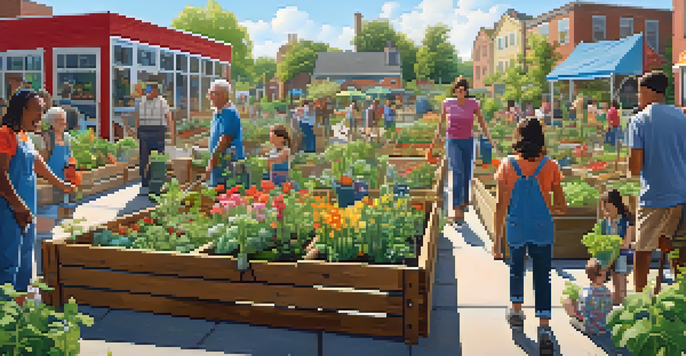 A lively community garden with people of various ages engaging in gardening activities under a sunny sky, surrounded by colorful plants and a mural.