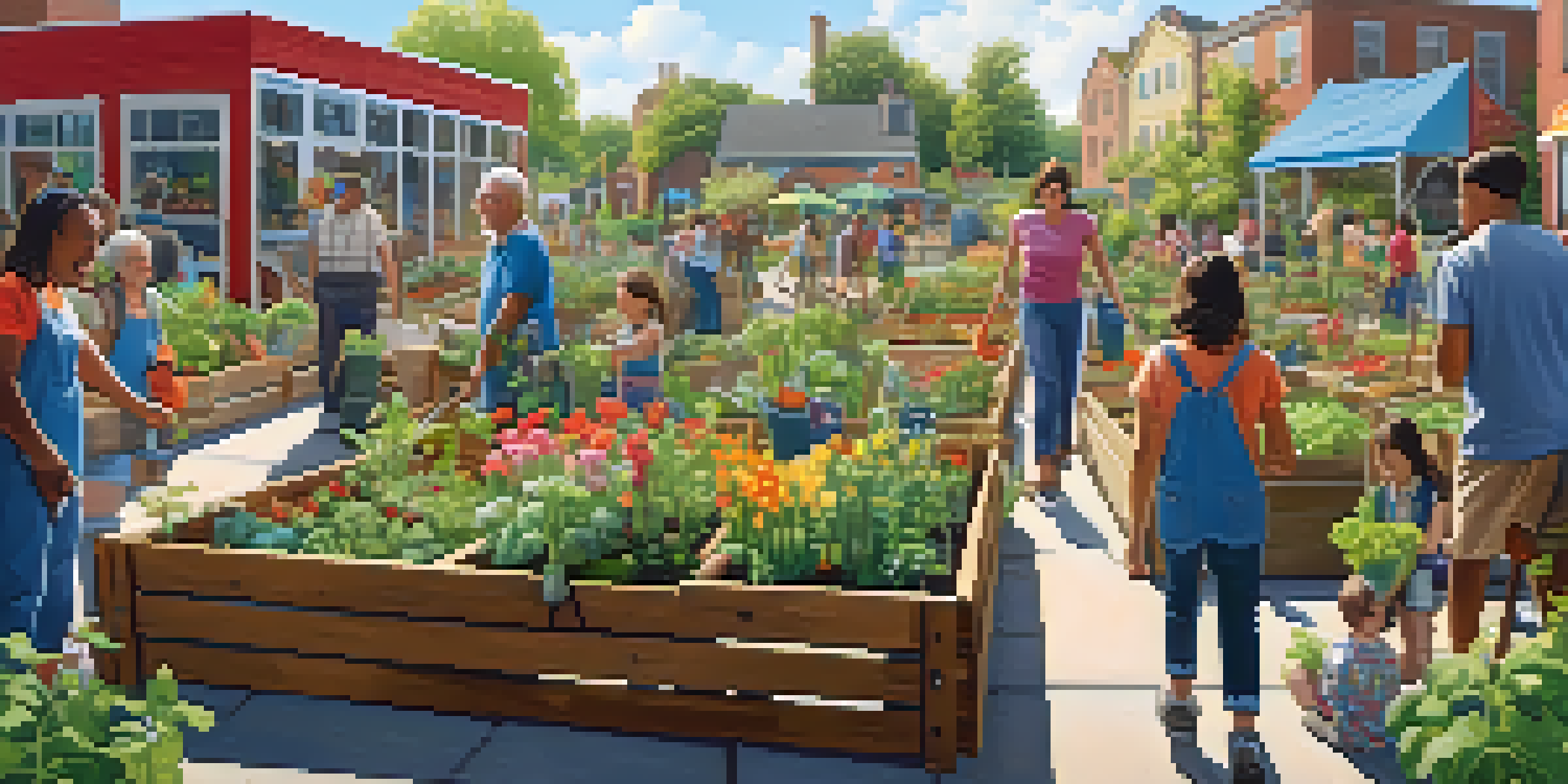 A lively community garden with people of various ages engaging in gardening activities under a sunny sky, surrounded by colorful plants and a mural.