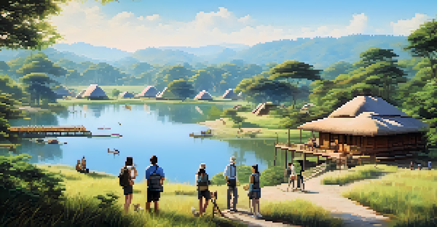 An ecotourism area with eco-friendly lodges and local people interacting with nature.