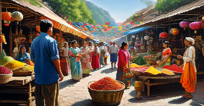 A local guide in traditional attire talks to a group of tourists in a colorful market filled with handmade crafts and produce.