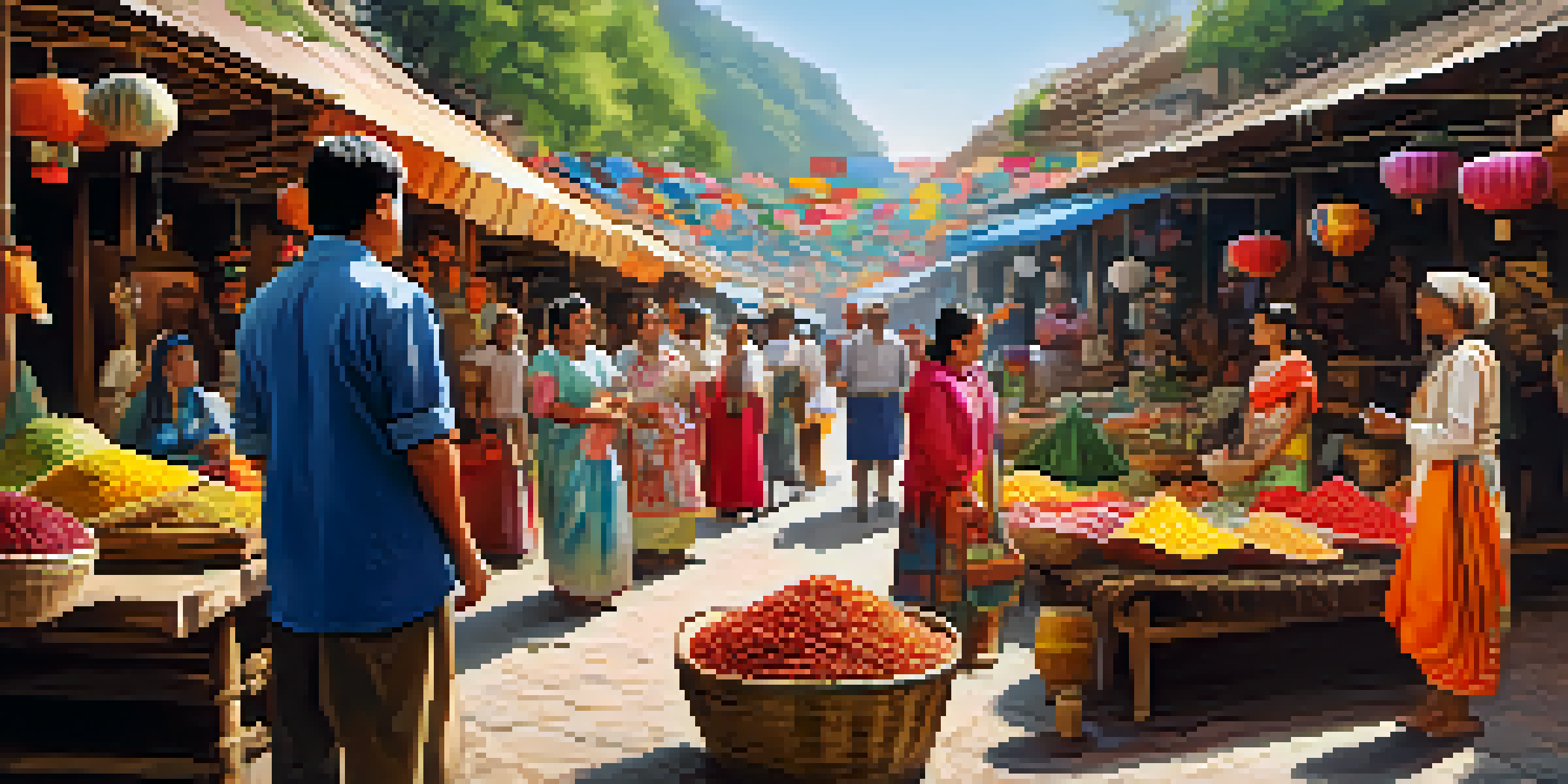 A local guide in traditional attire talks to a group of tourists in a colorful market filled with handmade crafts and produce.