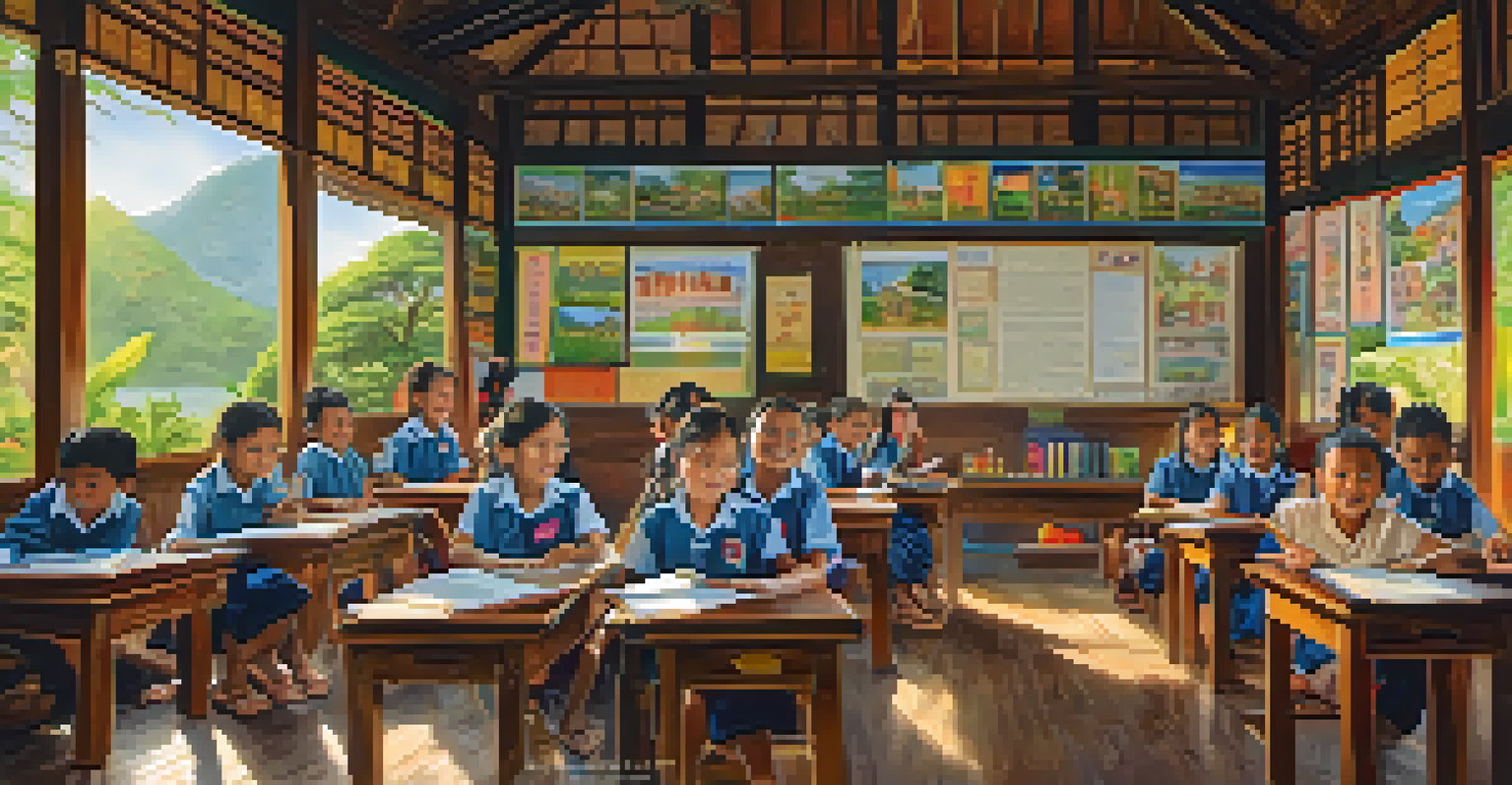 A volunteer teaching English to Thai children in a colorful classroom, with joyful expressions and sunlight streaming in.