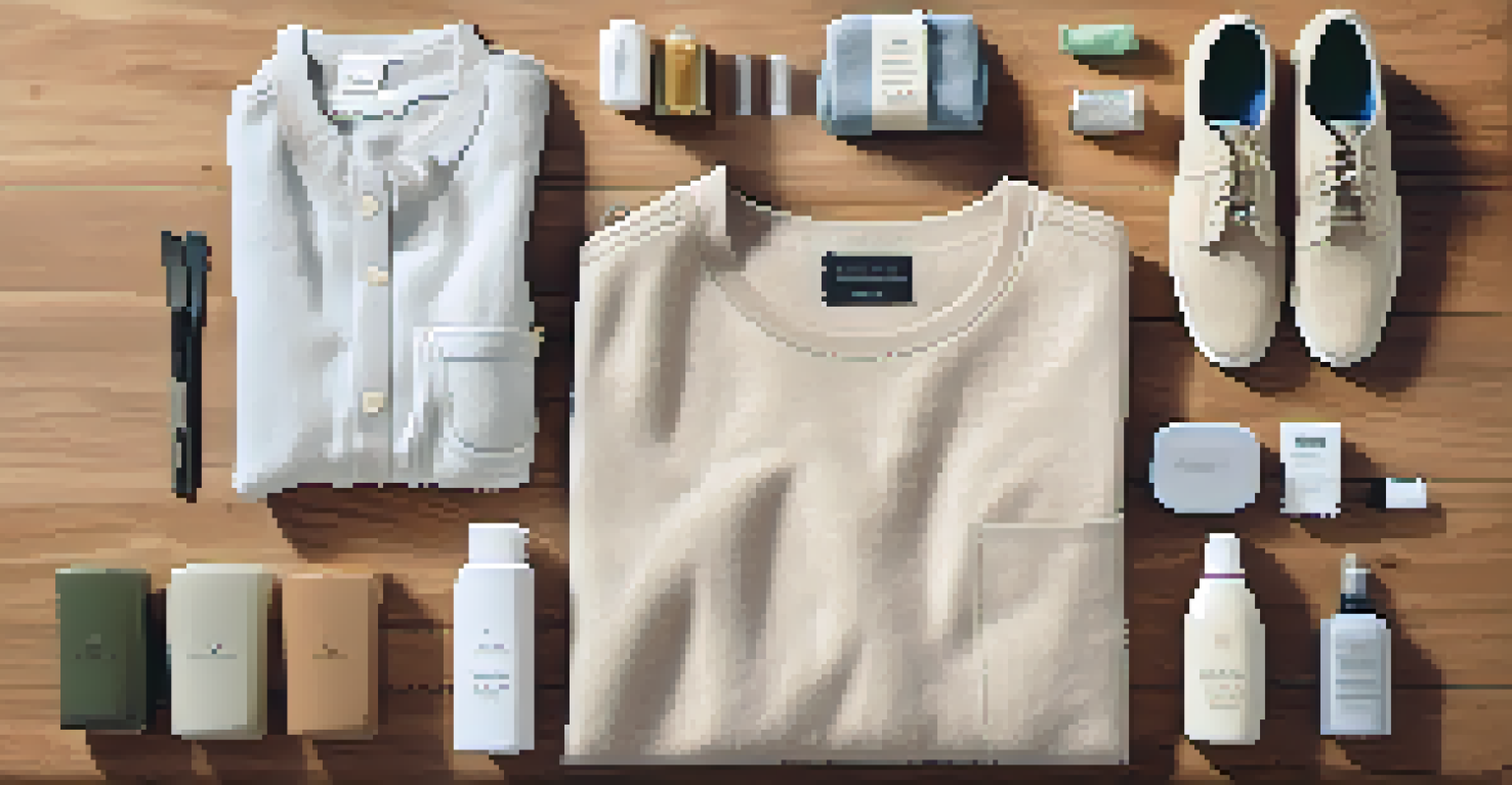 A minimalist packing layout with neatly folded clothing, a pair of shoes, and eco-friendly toiletries on a wooden surface.