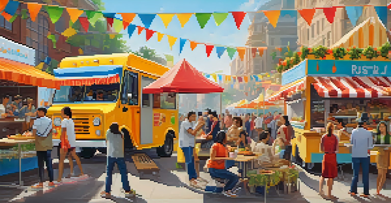 A vibrant street food festival with colorful food trucks, people enjoying diverse cuisines, and festive decorations.