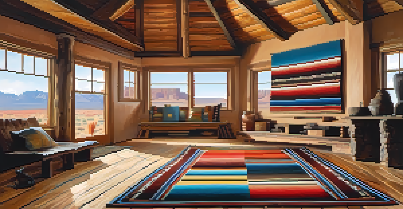 A vibrant Navajo rug with geometric patterns laid on a wooden floor, illuminated by natural light, highlighting its intricate craftsmanship.