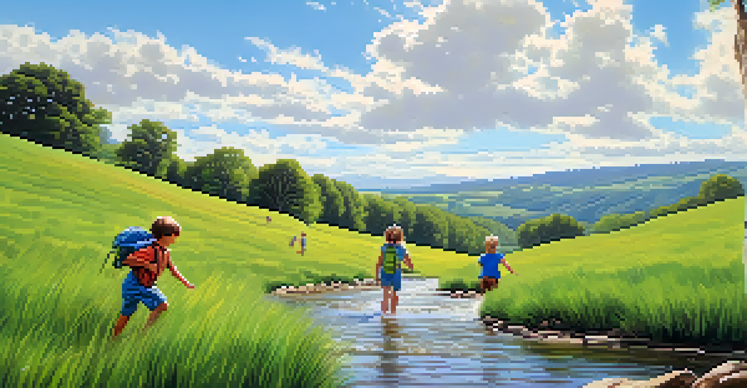 Children playing in a green field and stream, enjoying nature.