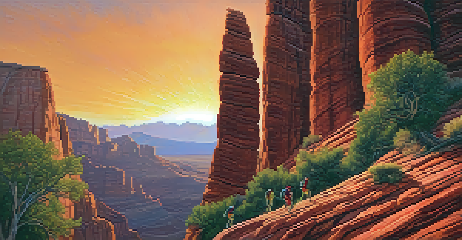 Climbers scaling red sandstone cliffs in Red Rock Canyon at sunset, with a beautiful sky backdrop.