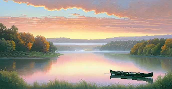 A serene sunrise over the Missouri River, with mist and a canoe in the foreground.