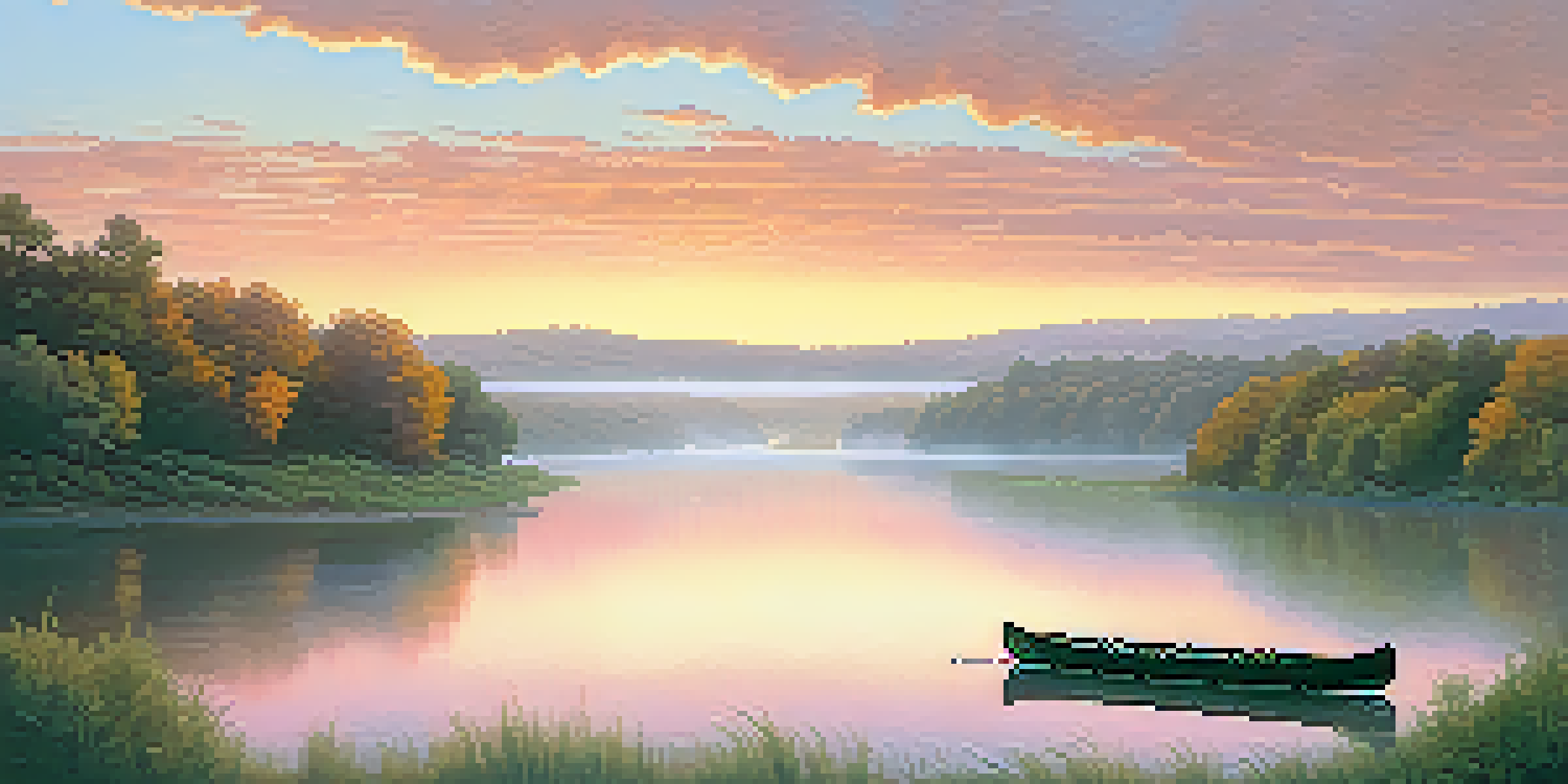 A serene sunrise over the Missouri River, with mist and a canoe in the foreground.