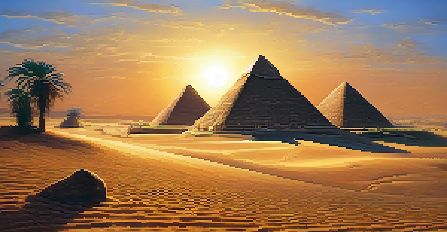 Pyramids of Giza at sunset with a desert landscape in the foreground.