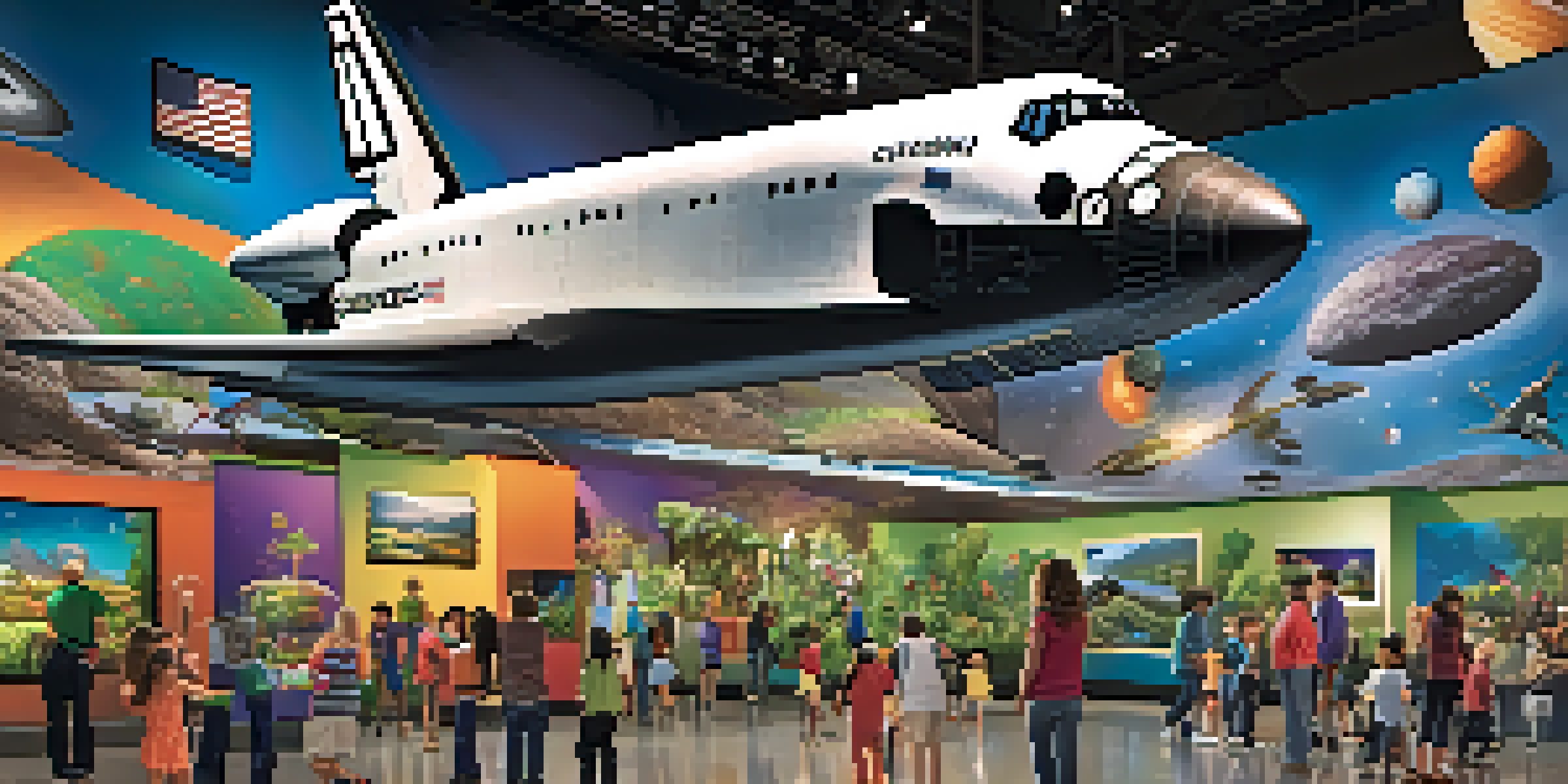 Families engaging with hands-on science exhibits at the California Science Center, with the Space Shuttle Endeavour in the background.