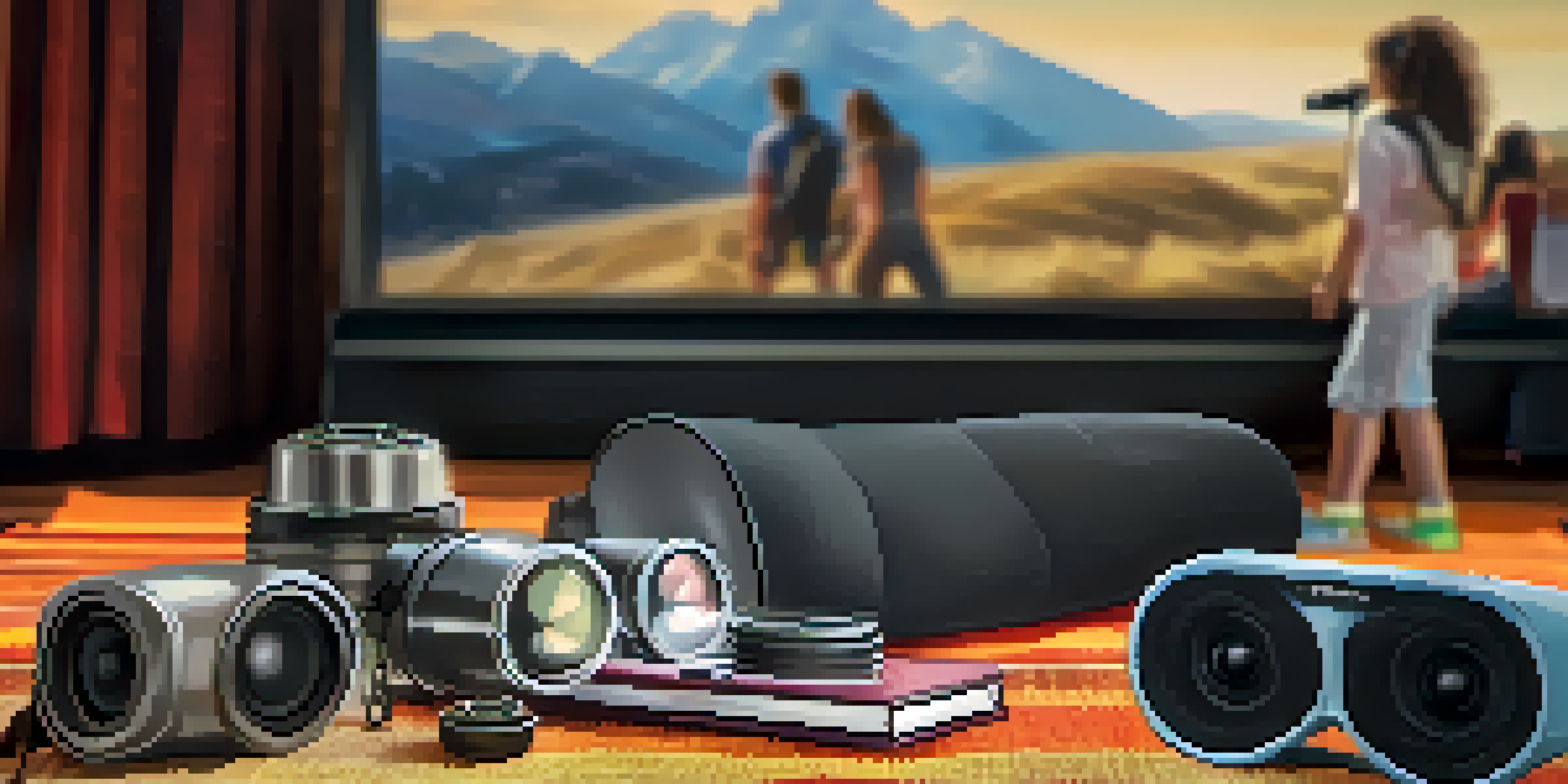Essential gear for outdoor movie watching, including a portable speaker, binoculars, and a flashlight on a blanket with a movie screen in the background.