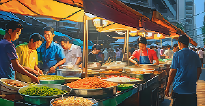 A bustling street food market in Bangkok with colorful stalls and vendors preparing traditional dishes, illuminated by warm sunlight.