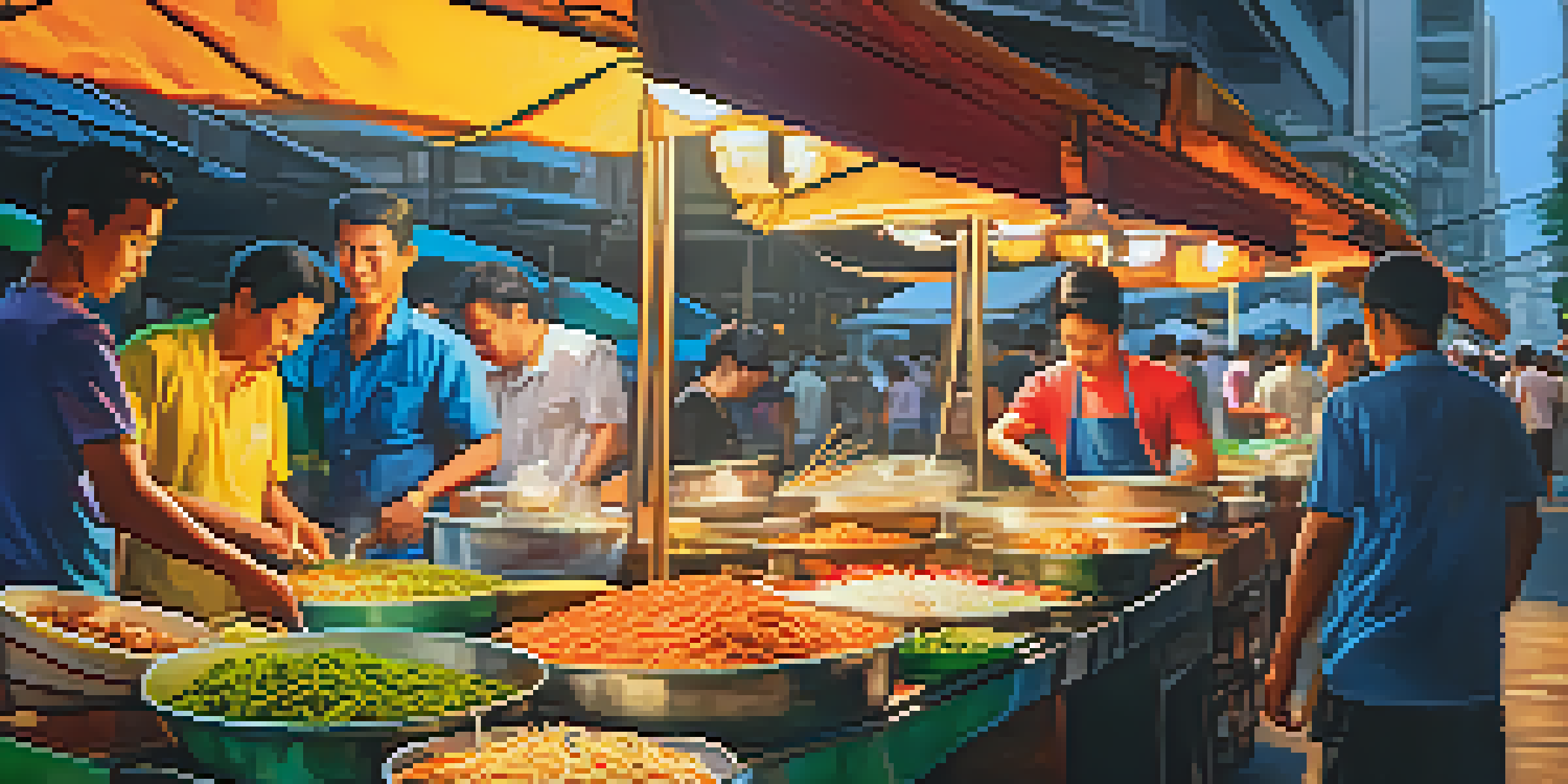 A bustling street food market in Bangkok with colorful stalls and vendors preparing traditional dishes, illuminated by warm sunlight.