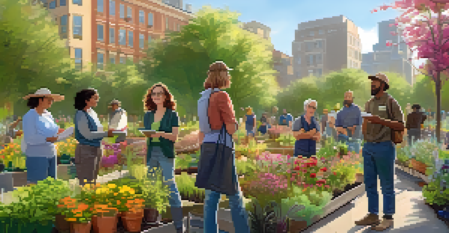 A group of people on an urban gardening tour, listening to a guide near a vibrant flower bed.