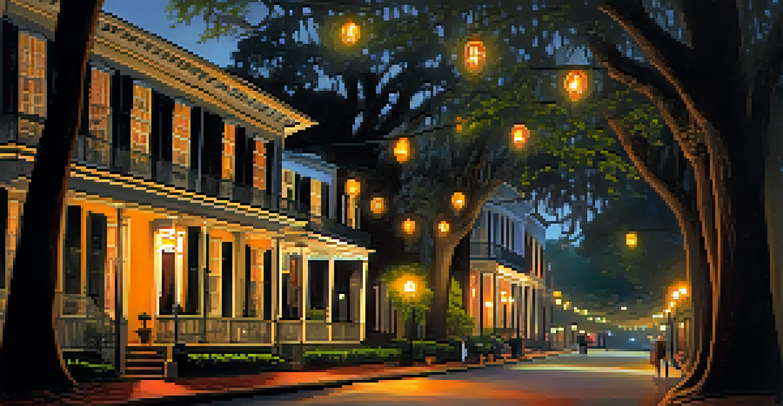 A historic street in Savannah at night, with lanterns illuminating the area, and a tour guide telling ghost stories to visitors.