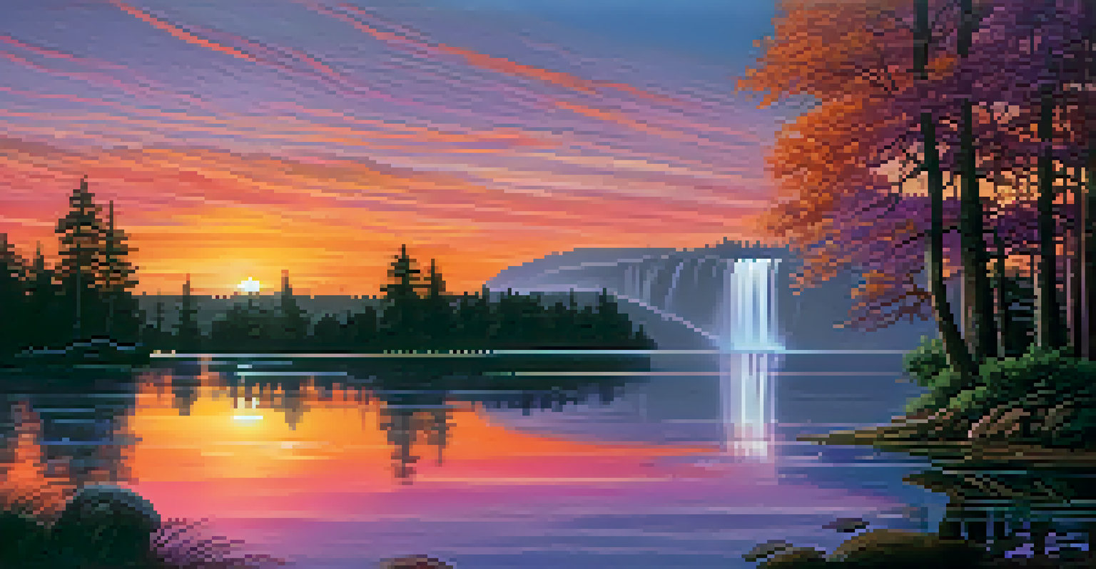 A beautiful sunset reflecting on a calm lake near a waterfall, surrounded by silhouetted trees.