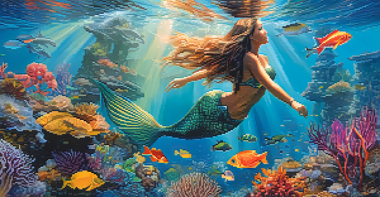 An underwater view of a mermaid swimming gracefully through a vibrant coral reef filled with colorful fish and sunlight streaming down.