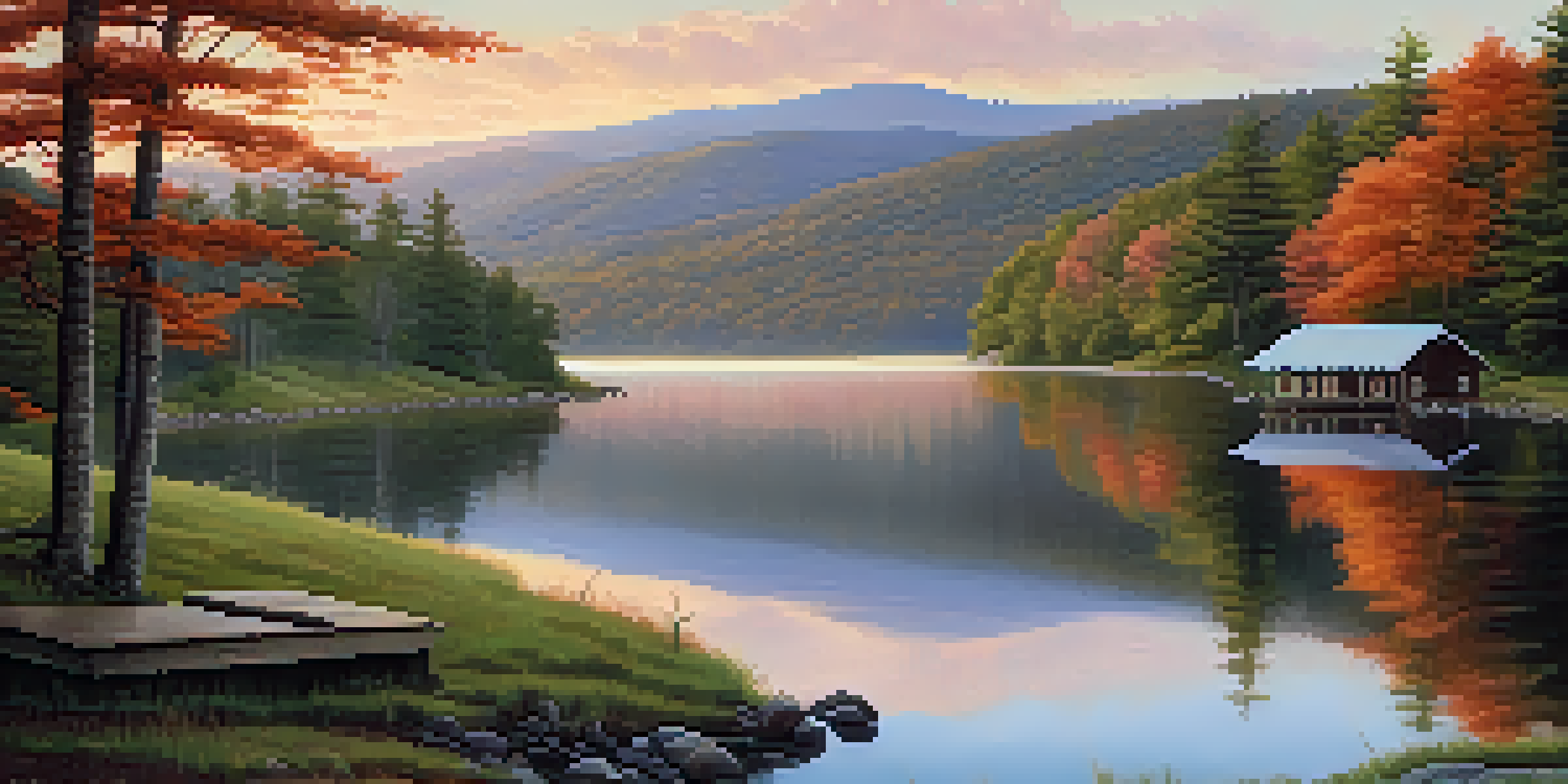 A peaceful sunrise over the Catskill Mountains with a serene lake and a cozy cabin.
