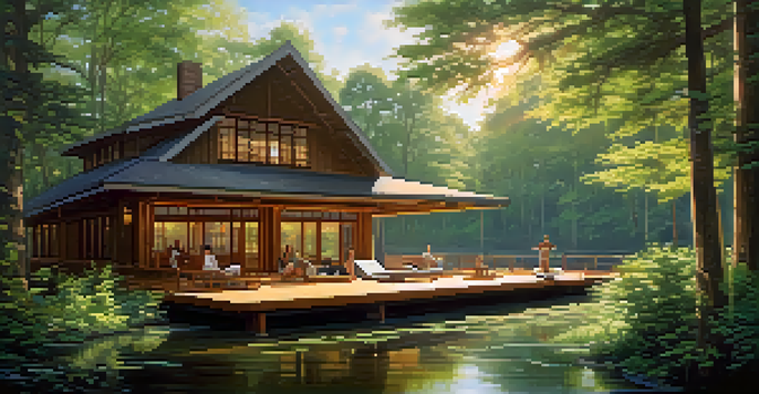 A peaceful forest lodge with guests practicing yoga in a lush green setting.